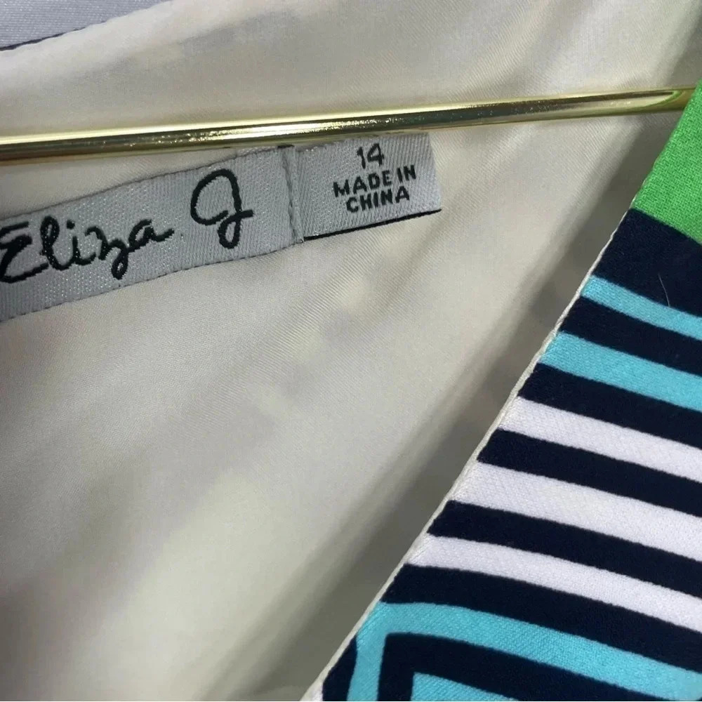 Eliza J Geometric Art to Wear Unique  Green Navy Cap Sleeve Shift Midi Dress - Picture 5 of 8